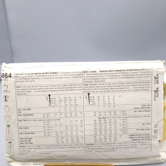 Vintage Sewing PATTERN Simplicity 6864, Girls Easy to Sew 1985 Tops and Pull On - Picture 2 of 2